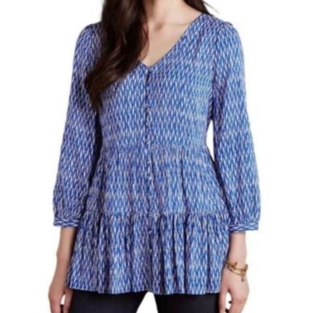 Maeve Lila Blue White Tiered 3/4 Sleeve XX-Small V-Neck Tiered Tunic Top GUC